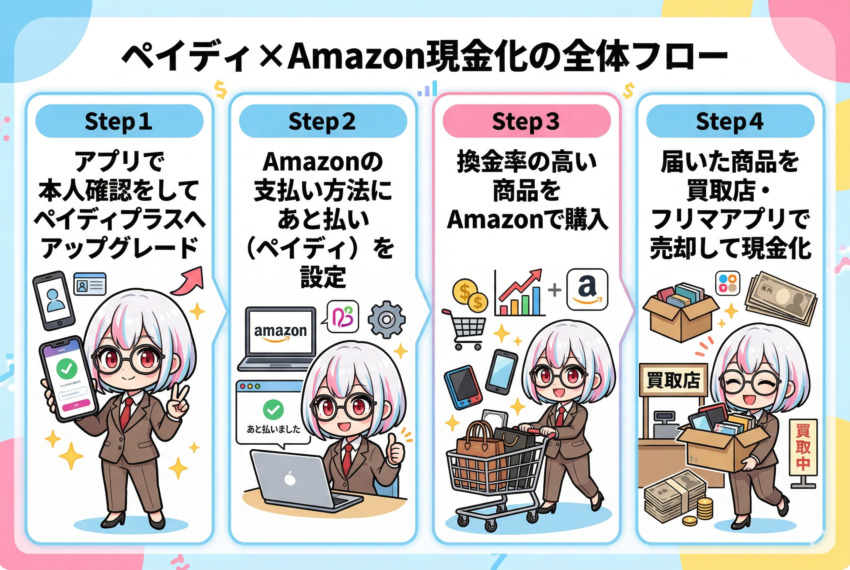Amazonのあと払いペイディを現金化する方法の全体フロー