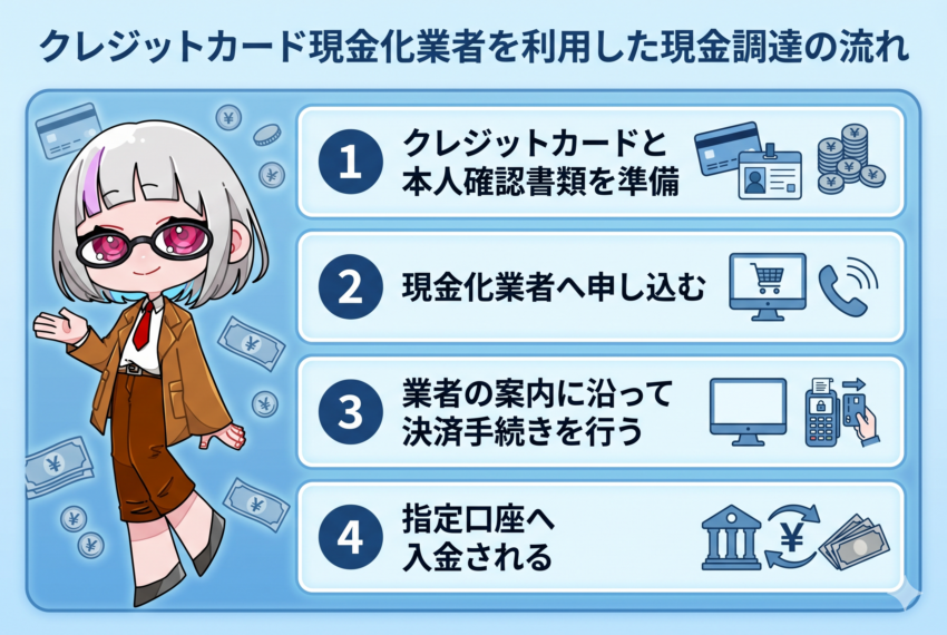 クレジットカード現金化業者を利用した現金調達の流れ