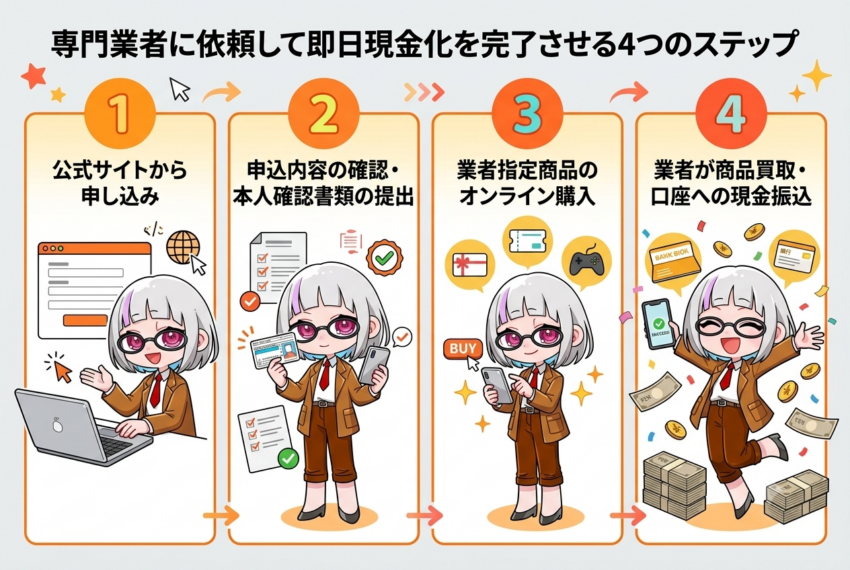 専門業者に依頼して即日現金化を完了させる4つのステップ